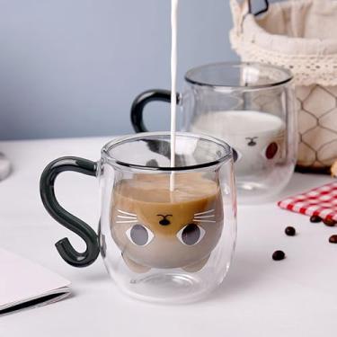 Imagem de Caneca de gato de vidro de parede dupla com alça, xícara de chá de café para escritório e uso diário