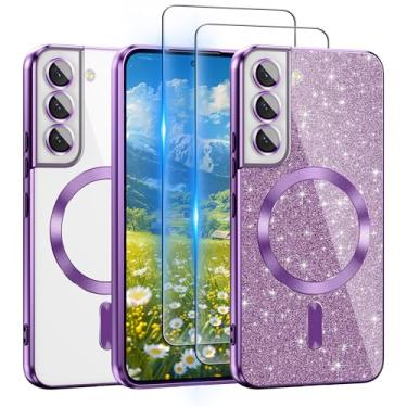 Imagem de ATUMP Capa para Galaxy S22 Plus compatível com MagSafe, [cartão de glitter e 2 peças de películas HD] Linda capa brilhante brilhante [nunca amarela], fina, à prova de choque, antiarranhões, macia e