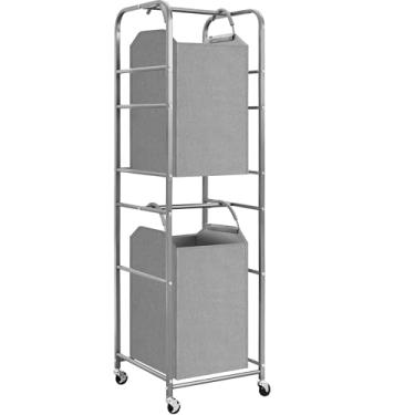 Imagem de STORAGE MANIAC Cesto de roupa vertical de 2 níveis, classificador de roupa com 2 seções com 2 sacolas removíveis, cesta de roupas com rodinhas para toalhas, cobertores, cesto de roupas sujas alto para