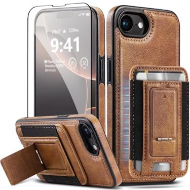 Imagem de MOLLNSSN Capa de couro para iPhone 16e com suporte para cartão e suporte, [compatível com Magsafe] Capa fina de proteção para celular com suporte (marrom, iPhone 16e)