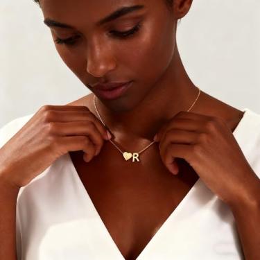 Imagem de Colar de coração banhado a ouro 18K com inicial A-Z, colares delicados de coração, pequenos colares de inicial, presentes de aniversário para mulheres, joias, R, Metal, Sem Pedra Preciosa