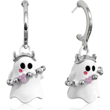 Imagem de unixmoment Brincos pendentes de fantasma de desenho animado fofos feitos à mão com contas de prata de cristal brilhante esmaltado fantasma brincos de argola para mulheres, Small, Metal, Sem pedra
