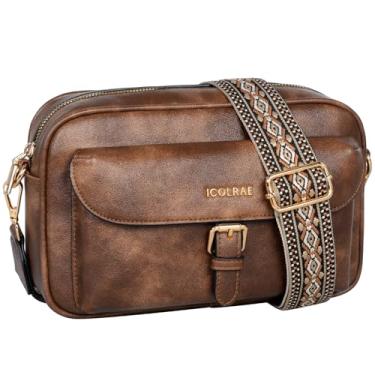 Imagem de ICOLRAE Bolsa tiracolo feminina de couro vegano, pequena bolsa de viagem com alça larga ajustável, Marrom, Y-0074