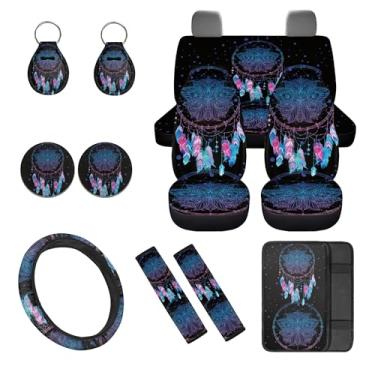 Imagem de gearider Mandala Pacote com 12 capas de assento de carro conjunto completo com capas de volante Dreamcatcher almofada de cinto de segurança chaveiro tapete de copo almofadas de apoio de braço