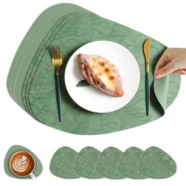 Imagem de Jogo americano de couro PU, conjunto de 6, tapetes de mesa florais em relevo em forma de gota d'água, resistente ao calor, para mesa de jantar, fácil de limpar (verde)