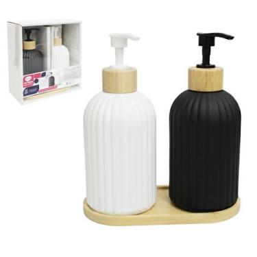 Imagem de Jogo de Banheiro Vidro Canelado com Bambu 3 Pçs Preto/Branco - Clink