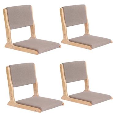 Imagem de Tiita Cadeira de chão com suporte para as costas, cadeiras de tatami de meditação dobráveis, cadeira de encosto com almofada, pacote com 4, assento de cadeira de sala de estar, cinza madeira