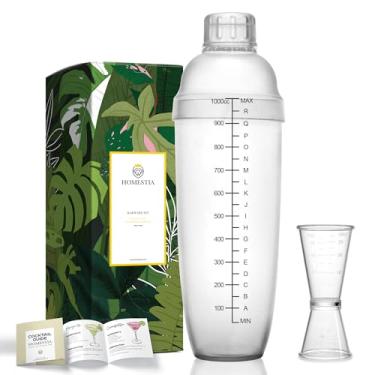 Imagem de Homestia Coqueteleira de plástico com jigger medidor, garrafa de plástico transparente de 1000 cc / 945 ml, copo para coqueteleira com balança, copo medidor de coquetel para cozinha, bar, utensílios