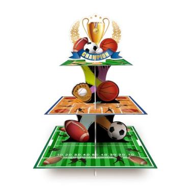Imagem de WEEPA Decoração de festa esportiva, suporte de cupcake com tema esportivo, 3 níveis, suporte de cupcake para futebol, basquete, beisebol, futebol, artigos de festa