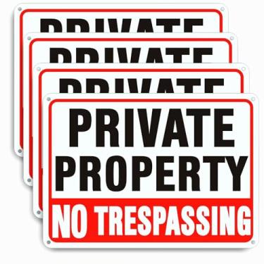 Imagem de Sinais de propriedade privada sem invasão (pacote com 4), placa de metal de alumínio refletiva à prova de ferrugem de 25 x 17 cm, fácil instalação, à prova de intempéries e à prova d'água, adequada