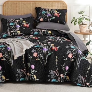 Imagem de WONGS BEDDING Conjunto de colcha floral, tamanho Queen, conjunto de 3 colchas pretas com estampa de plantas botânicas e 2 fronhas, conjunto de cama de microfibra leve e macia para todas as estações