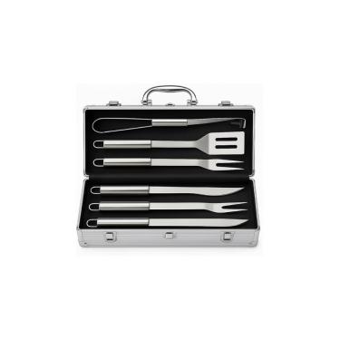 Imagem de Kit Churrasco Premium, 4 Peças em Aço Inoxidável com Maleta de Alumínio, Conjunto Espátula, Garfo, Faca e Pegador, 37cm x 12cm x 7cm