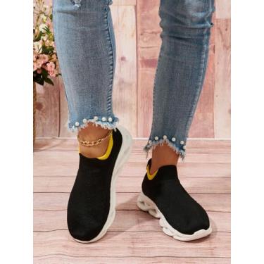 Imagem de Tênis feminino sem cadarço, leve, respirável, casual, malha, academia, corrida, tênis, Preto, branco, 41