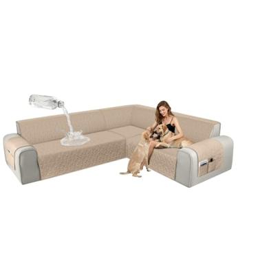 Imagem de ALIECOM Capas de sofá seccionais de canto, à prova d'água, laváveis, em forma de L, protetora, geométrica, jacquard, capa de móveis, com alça ajustável para cães de estimação (GG, camelo claro)