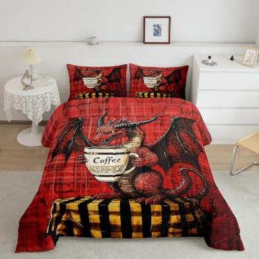 Imagem de Feelyou Conjunto de edredom de dragão, solteiro, para meninos e meninas, adolescentes, vida selvagem, café, conjunto de edredom vermelho