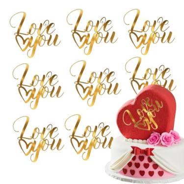 Imagem de 8 peças de topos de bolo de dia dos namorados "Love You" decoração de bolo com letras coração amor acrílico espelho dourado bordas de bolo picaretas de cupcake para casamento, dia dos namorados