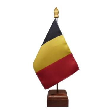 Imagem de Bandeira de Mesa Elegance Bélgica, Dupla Face, 19x13cm, Base Madeira Natural, Tecido Oxford, Altura Total 30cm, para Escritório, Eventos, Decoração