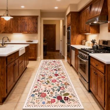 Imagem de shinefly Tapete lavável Begie Red 6,5 x 2,5 m para corredores, antiderrapante para cozinha, entrada interna, revestimento de borracha resistente a manchas tapete de decoração floral