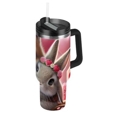 Imagem de Copo térmico romântico Fox Bunny com tampas e canudo copo térmico de 1,134 g com alça garrafas de água isoladas de aço inoxidável caneca de café quente para carros