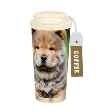 Imagem de TSENQUE Chow Puppy Dog Grass, copo de café de 473 ml com canudo e tampa, copo de parede dupla isolado a vácuo com revestimento cerâmico para escola, escritório, festa, acampamento
