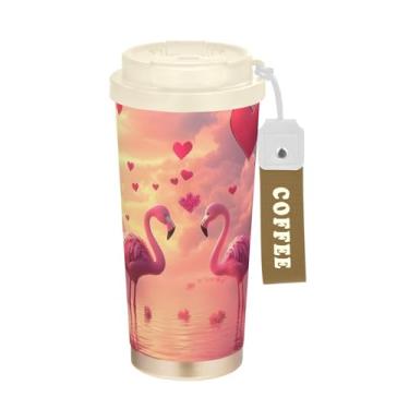 Imagem de TSENQUE Caneca de café de viagem 16+ Oz, caneca de café com revestimento cerâmico copo com tampa e canudo, copo isolado a vácuo de aço inoxidável, pássaros amor dia dos namorados rosa
