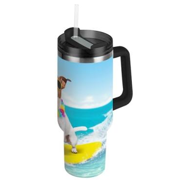 Imagem de Copos com tampa e canudo fofo copo de cachorro de surfe legal com alça 1,134 g garrafas de água com isolamento térmico copo de café de carro de aço inoxidável