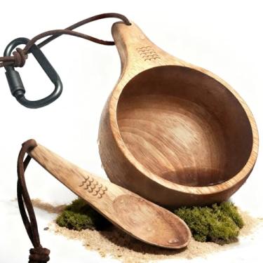 Imagem de yaykabom Kuksa, conjunto de copos de madeira kuksa, 355 ml, feito à mão de madeira natural, personalizado, acampamento, viagem ou aventura, fácil de transportar, legal