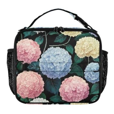 Imagem de Joisal Lancheira colorida de flores de hortênsia para mulheres, meninas, lancheira com alça de ombro masculina e infantil, lancheira para trabalho, escola, linda bolsa térmica com flores
