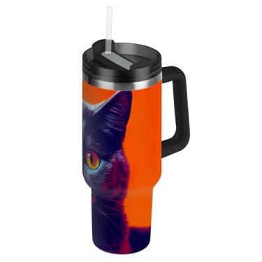 Imagem de Copo térmico de gato fofo laranja preto com tampas e canudos, copo térmico de 1,134 g com alça, garrafas de água isoladas de aço inoxidável, carros, caneca de café, bebida quente