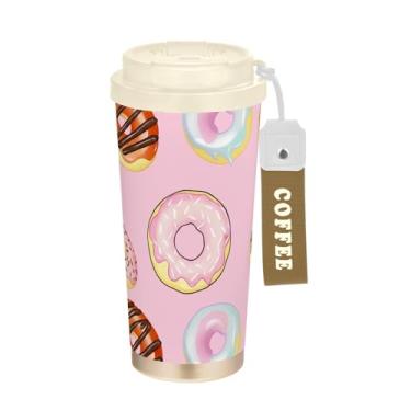 Imagem de TSENQUE Copo de café de viagem 473 ml, copo de café com revestimento cerâmico com canudo e tampa, copo isolado a vácuo de aço inoxidável, desenho animado rosa de rosquinhas coloridas