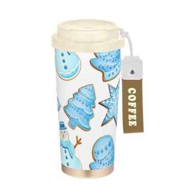 Imagem de TSENQUE Copo de café de 473 ml com tampa de canudo e filp, revestimento cerâmico, isolamento a vácuo, aço inoxidável, copo de café, à prova de vazamento, biscoitos de inverno, bonecos de neve, Natal