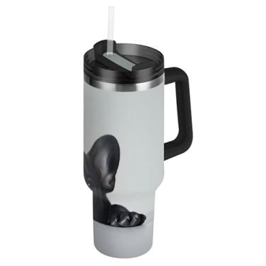 Imagem de Joisal Adoráveis copos de buldogue francês com tampa e canudos Copo grande de 1,134 g com alça garrafa de água isolada copo de aço inoxidável para quente e frio