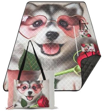 Imagem de TSENQUE Mantas de areia fofas para cães Husky Valentine à prova de areia, tapete de brincar ao ar livre para grama, tapete dobrável para piquenique, 299,7 cm x 203,2 cm