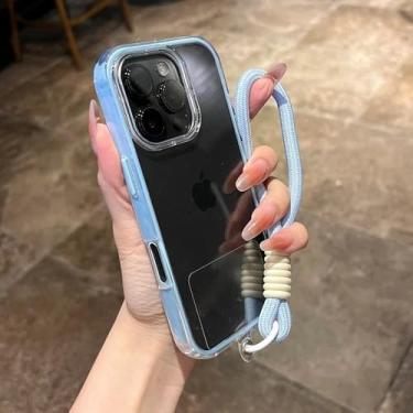Imagem de Capa de celular com alça de pulso para iPhone 16E 14 15 16 Plus 11 12 13 16 Pro Max, capa magnética transparente à prova de choque, azul, para iPhone 13 ProMax