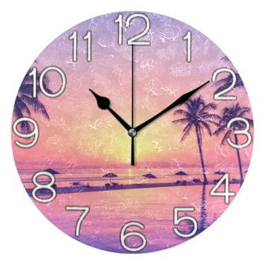 Imagem de GAIGEO Relógio de parede vibrante, palmeiras, pôr do sol, analógico, decorativo, relógio de cozinha, rústico, estético, silencioso, sem tique-taque, decoração de parede de casa de fazenda moderna, 25