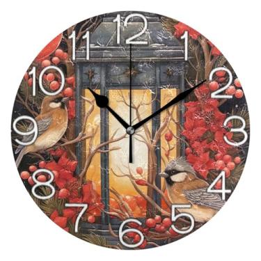 Imagem de GAIGEO Relógio de parede analógico decorativo relógio de cozinha rústico operado por bateria silencioso, decoração de parede de meados do século sala de estar pássaros lanterna impressão de inverno