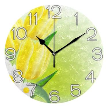 Imagem de Relógio de parede analógico decorativo escritório cozinha relógio redondo sem tique-taque silencioso, decoração moderna de meados do século arte flor floral amarela margarida branca, 25 cm, ponteiros