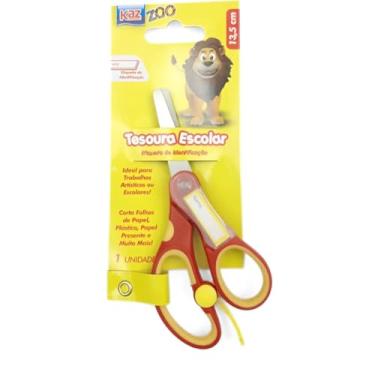 Imagem de Tesoura Escolar 13,5 cm Com Etiqueta Identificação Zoo Vermelho e Amarelo Atóxico 1 Unidade Ideal para cortar folhas de papel Plásticos Papel de Presente Ideial para Trabalhos Escolares e Artísticos