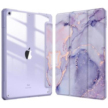 Imagem de Fintie Capa fina híbrida para iPad 9ª/8ª/7ª geração (2021/2020/2019) 10,2 polegadas - [Suporte de lápis embutido] Capa à prova de choque com capa traseira transparente transparente, mármore roxo