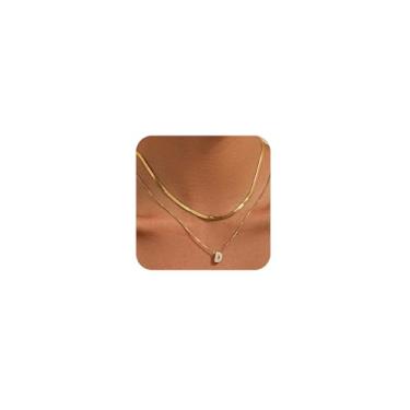 Imagem de KLSURPRISE2 Colar feminino com letra mini bolha – Colar delicado com inicial de zircão banhado a ouro 18 k manchado espinha de peixe em camadas para presente, Large, Cobre, Zircão