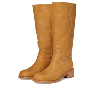 Imagem de Steve Madden Bota feminina na altura do joelho, bico quadrado, salto grosso, couro, bota clássica, Couro banana, 9.5 Wide