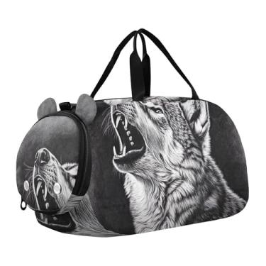 Imagem de Sacola de viagem com ursinho de pelúcia abraçando boneco de neve, bolsa de viagem infantil, bolsa esportiva para meninos, Lobo uivante preto e branco, Clássico