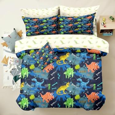 Imagem de Yadangxiawa Jogo de cama casal de dinossauro, 6 peças, para adolescentes, com 1 colcha + 1 lençol de cima + 1 lençol com elástico + 2 fronhas + 1 capa de almofada (casal A-dinossauro)