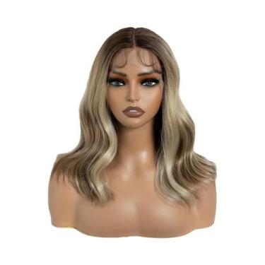 Imagem de Peruca Sintética Ombre Loiro Castanho Com Ondas Corporais, Lace Front 