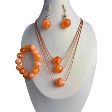 Imagem de Kit Maxi Colar Com Pulseira e Brincos Pingente Quadrado Resina Elegant