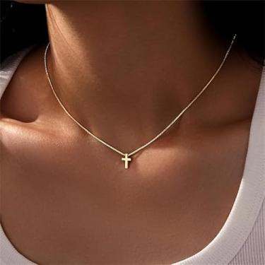 Imagem de Colar feminino com cruz banhado a ouro 14 K, pingente de gargantilha à prova d'água, moderno, fofo, simples, pequeno colar, 18", Metal, Zircônia cúbica