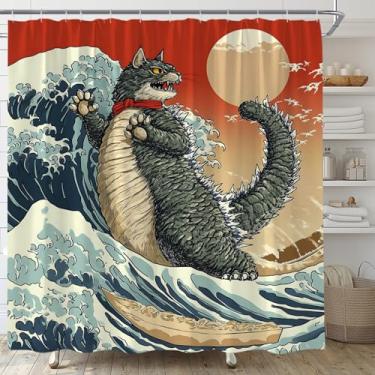 Imagem de TENVSIN Cortina de chuveiro divertida para gatos japoneses vintage divertido gato fofo japonês anime sol vermelho pôr do sol oceano ondas tecido decoração de banheiro conjunto de banheiro com ganchos