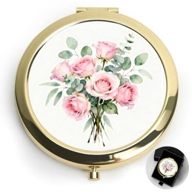 Imagem de BUZCOZY Espelho compacto de rosas rosas de noiva, espelho de maquiagem dourado romântico para casamento, presente de noivado e chá de panela, espelho de maquiagem de viagem para mulheres, lembrancinha