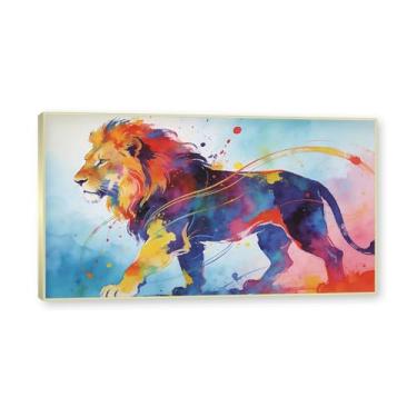 Imagem de NHLDZYH Moldura dourada. Pintura salpicada de leão pintura em tela abstrata arte animal mural vívido chama a atenção para sala de estar decoração moderna para casa. A108. 30 x 54 cm.