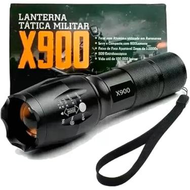 Imagem de Super Lanterna X900 Militar Tática LED, 2600000 Lumens, Recarregável, Alumínio, Preto, com Zoom, à Prova d'água, 800m Alcance, Bateria Inclusa